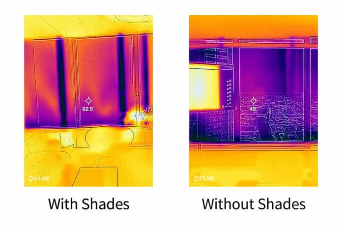 Infrared image showing the temperature of the window with and without insulating shades.