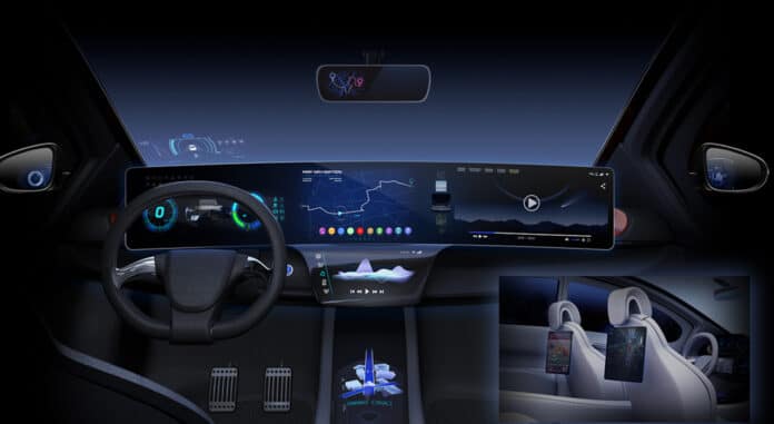 The image shows software-defined, connected, intelligent cabin