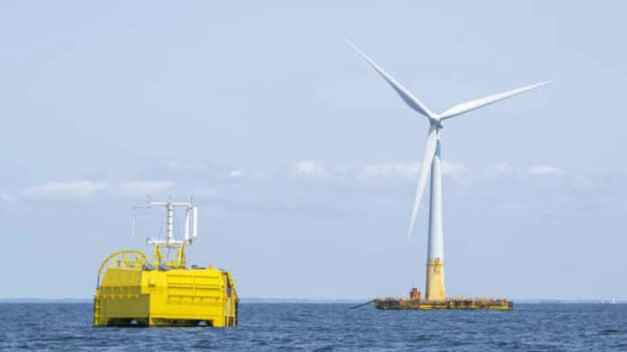 Shown in the image is Sealhyfe offshore hydrogen production pilot alongside FLOATGEN floating turbine.