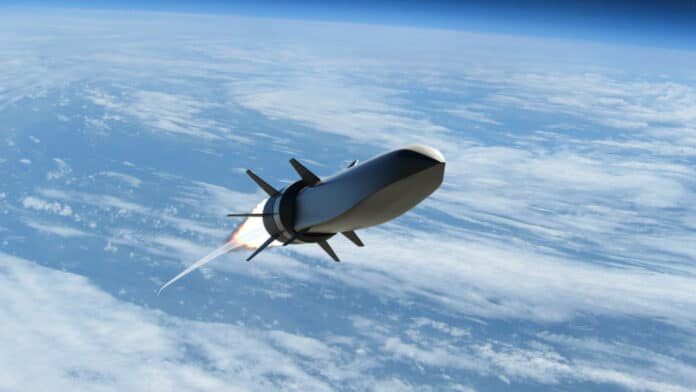 This artist’s rendering shows the Hypersonic Air-breathing Weapon Concept, which will integrate Raytheon’s air-breathing hypersonic weapons with scramjet combustors from Northrop Grumman.
