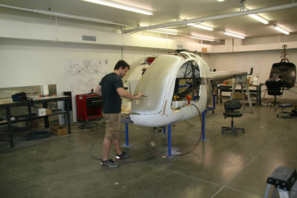 The ATRX-700 Light Sport Helicopter is being assembled.