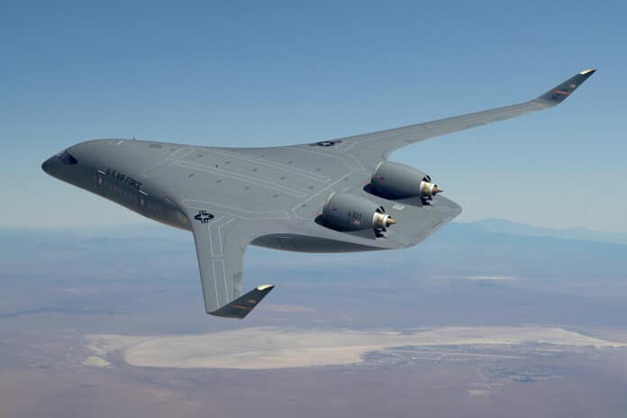 Shown is a rendering of the blended wing body prototype aircraft.