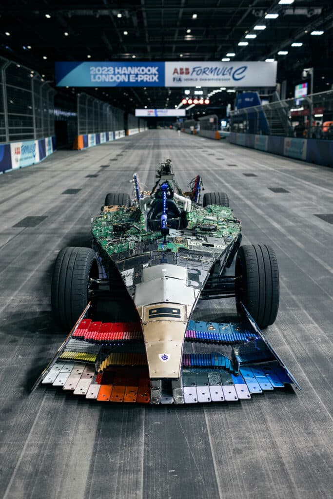 The car is made of old laptops, mobile phones and other electrical devices. 
