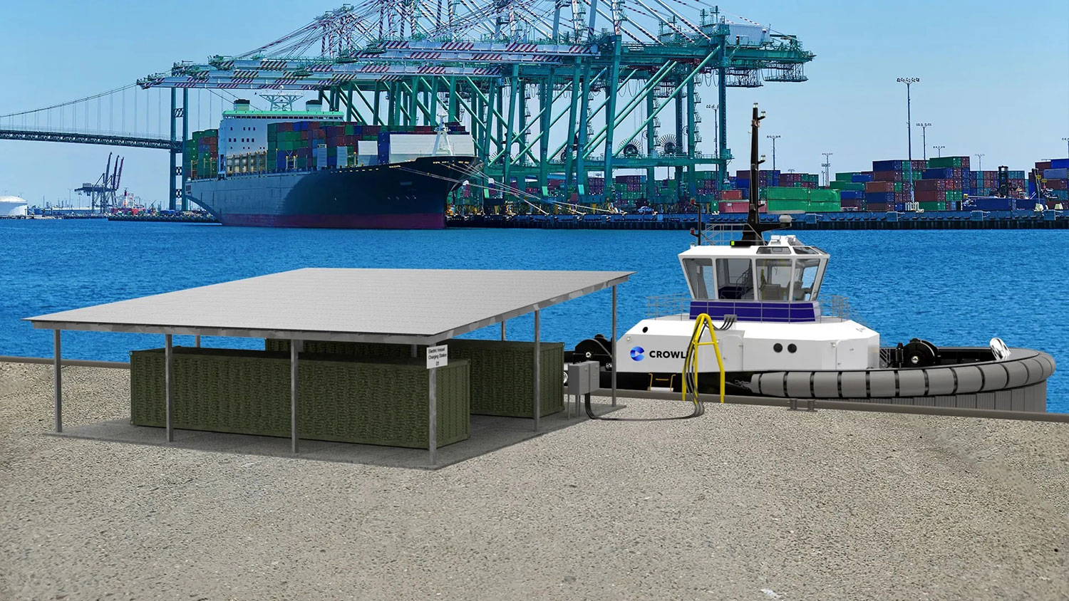 Crowley starts building charging station for all-electric tugboat.