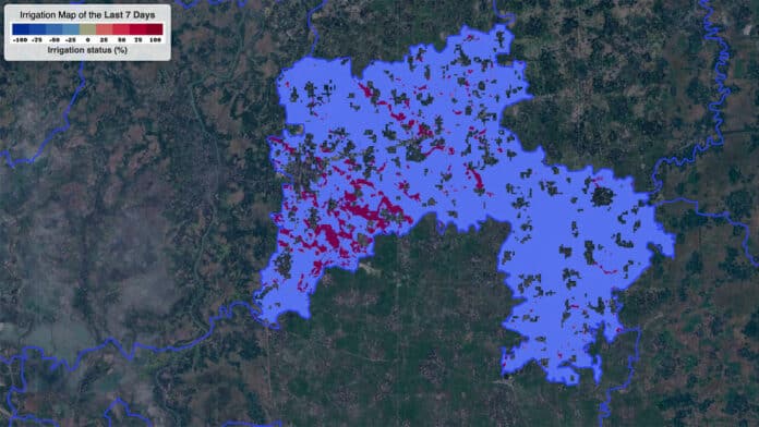 This image of a region in Bangladesh shows the specific areas where over-irrigation has likely occurred in the two weeks prior to June 4, 2023.