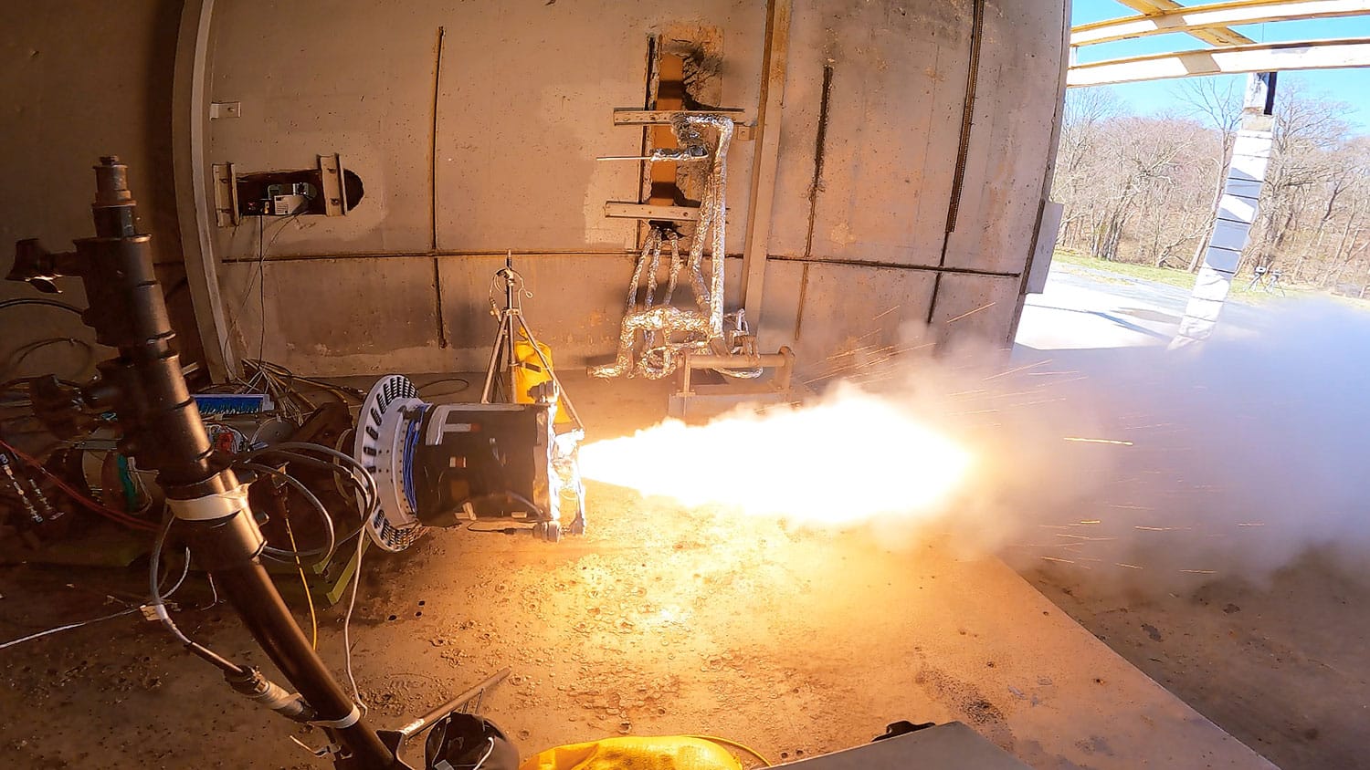 A development motor based on the second-stage solid rocket motor design for NASA’s Mars Ascent Vehicle (MAV) undergoes testing at Northrop Grumman’s facility in Elkton, Maryland.