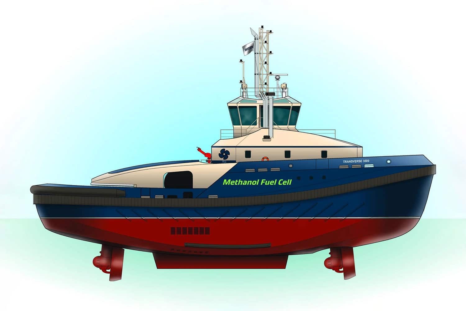 Renderings of the world’s first methanol hybrid fuel cell (MHFC) tug.