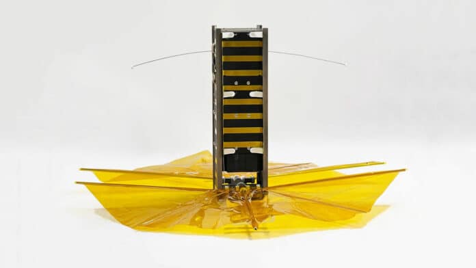 SBUDNIC, a bread-loaf-sized cube satellite with a drag sail made from Kapton polyimide film.