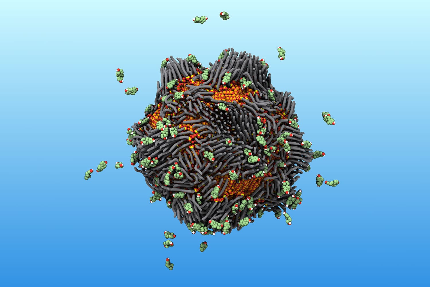 In this illustration, a “smart rust” nanoparticle attracts and traps estrogen molecules, which are represented by the floating objects.