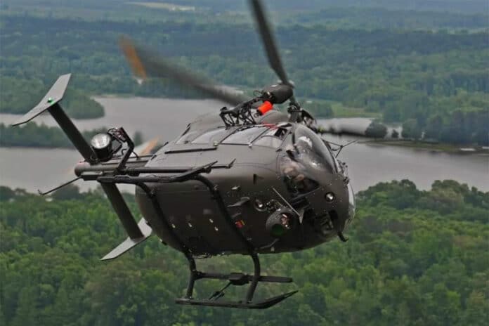 The UH-72 Lakota twin-engine helicopter in flight.