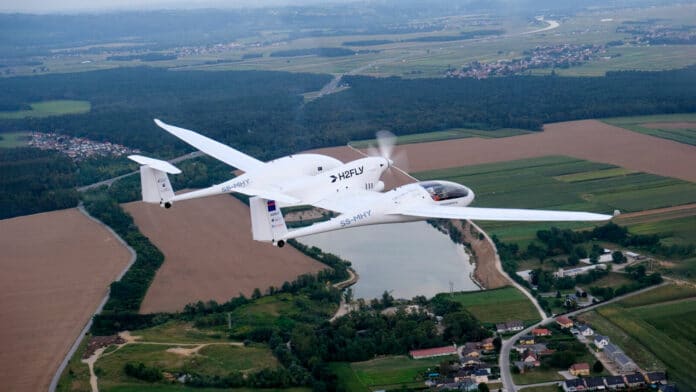 H2FLY’s HY4 electric demonstrator aircraft flying above Maribor, Slovenia, powered by liquid hydrogen.