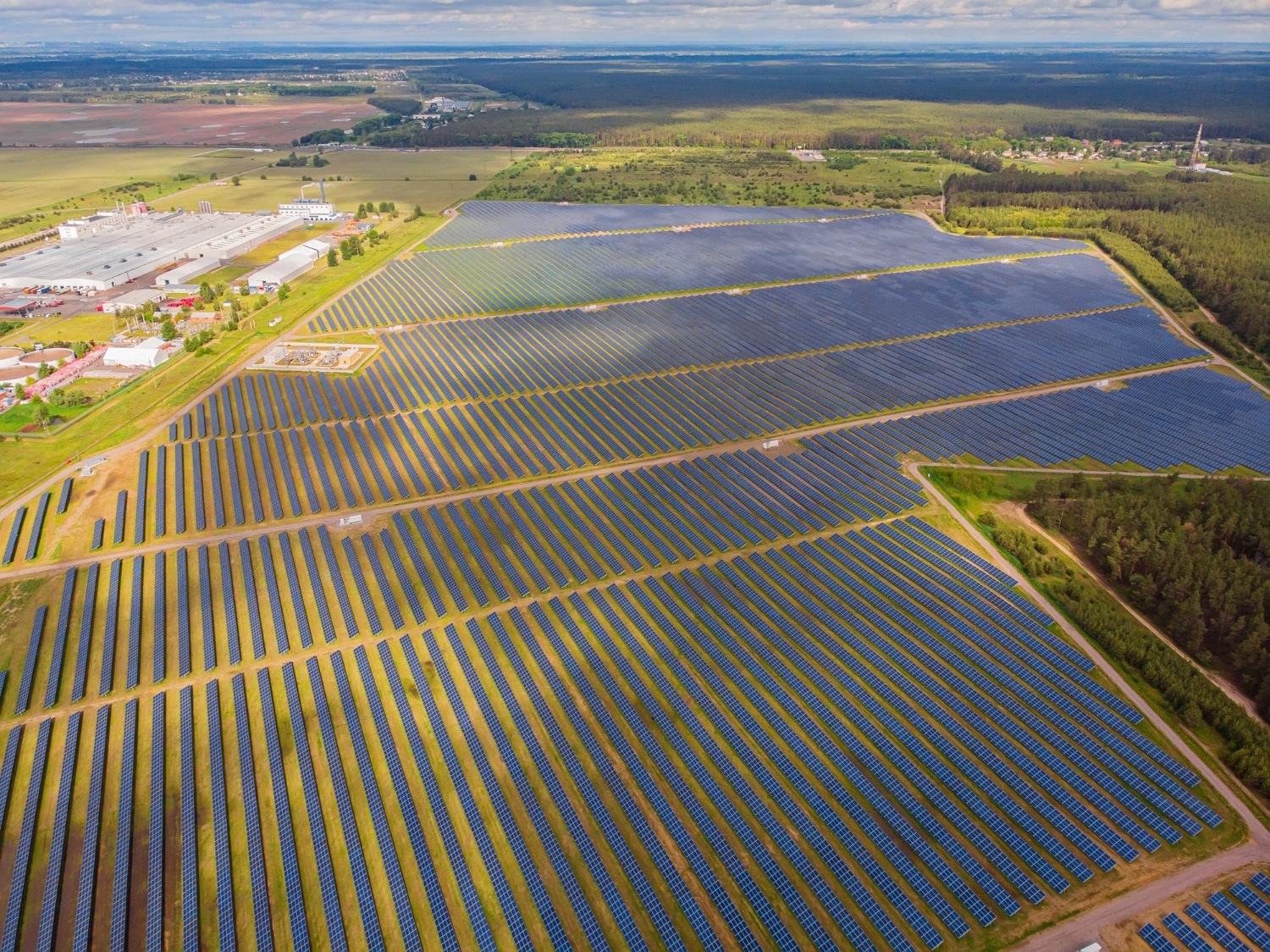 solar power plant field aerial view solar panels