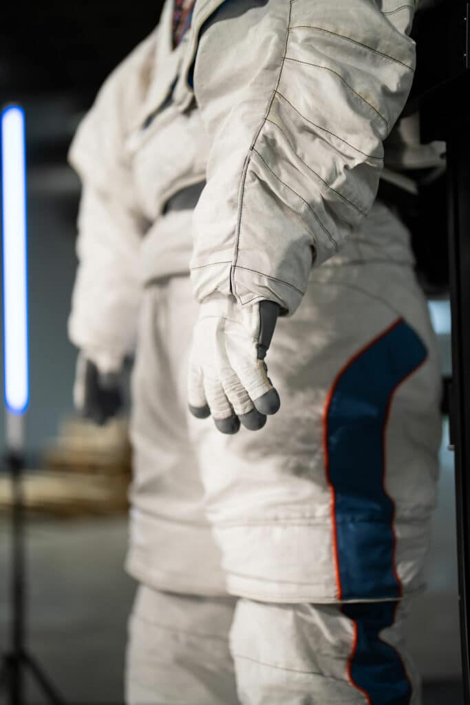Shown here is the current white cover layer of the Axiom Extravehicular Mobility Unit (AxEMU) spacesuit prototype.