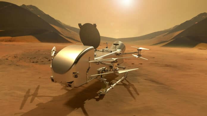Artist’s impression of the Dragonfly rotorcraft lander on the surface of Titan, Saturn’s largest moon.