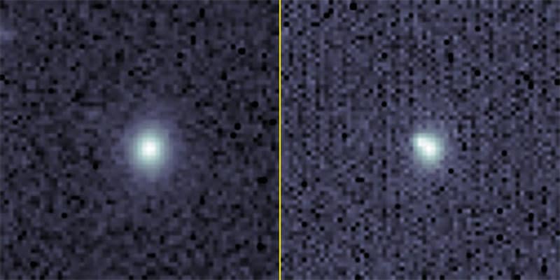 A before (left) and after image of the galaxy where SN2023tyk occurred. The upper left region of the galaxy (right) appears bulbous and misshapen, where the star exploded.