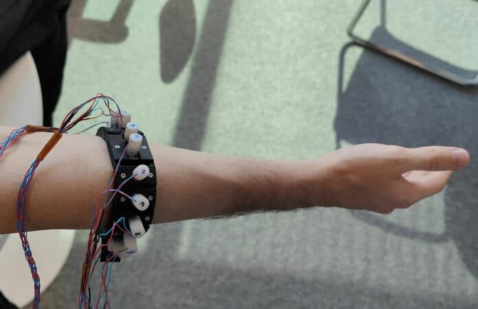 Sensor wristband demonstrator used to measure muscle activity relating to hand movements on test subjects.