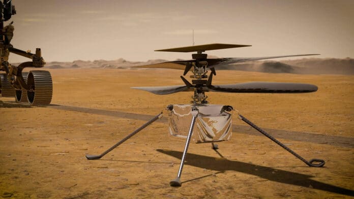 In this illustration, NASA’s Ingenuity Mars Helicopter stands on the Red Planet’s surface.
