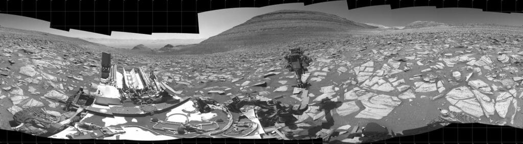 NASA’s Curiosity Mars rover captured this 360-degree panorama using its Navcams at a location where it collected a sample from a rock nicknamed “Sequoia.”