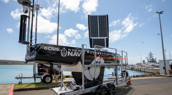 A 6.8-metre renewable-powered Uncrewed Surface Vessel (USV), the Bluebottle.