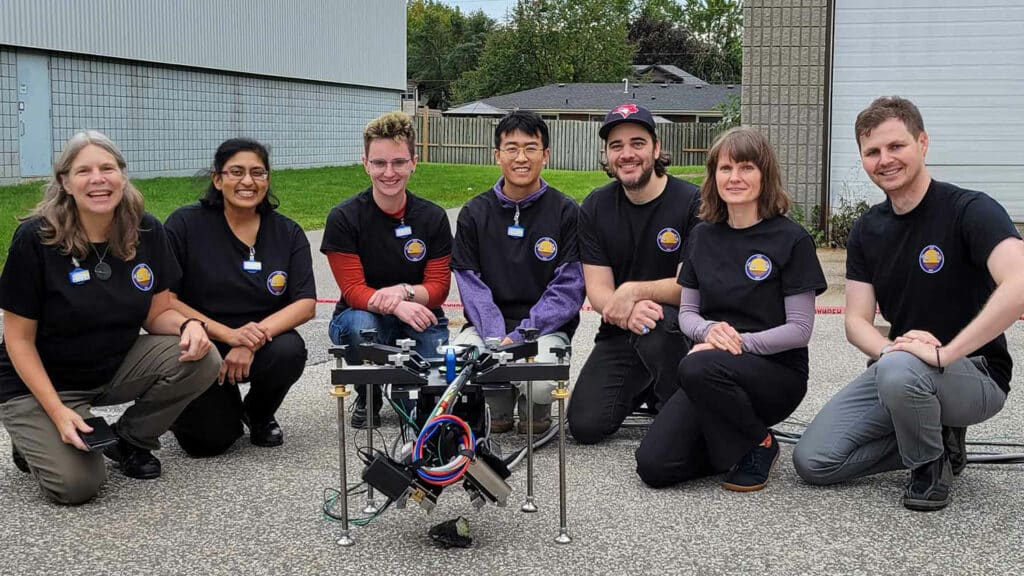 The field test team celebrating a successful mission with the miniaturized in situ X-ray diffractometer (ISXRD) prototype at Proto Manufacturing in LaSalle, Ont. From left, ISXRD lead Roberta Flemming, Jayshri Sabarinathan, Catheryn Ryan, Yaozhu Li, Dana Beaton, Izabela Kolodziej and Stanislav Veinberg.