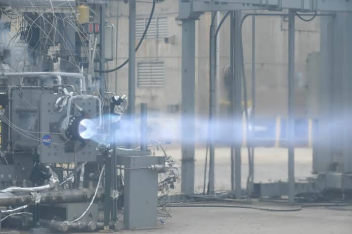 Engineers at NASA’s Marshall Space Flight Center in Huntsville, Alabama, conduct a successful hot fire test of a full-scale Rotating Detonation Rocket Engine combustor in fall 2023.