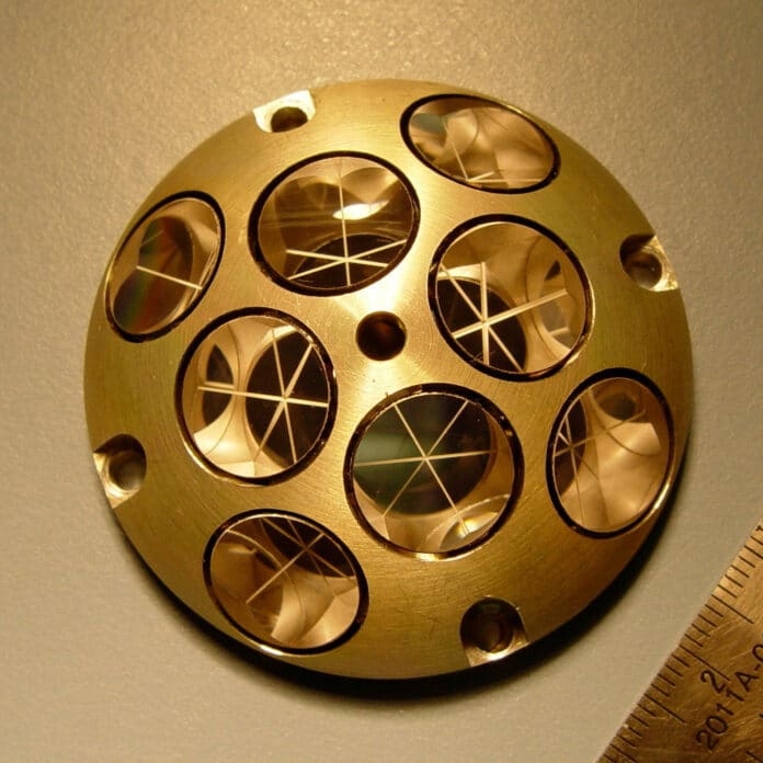 Only 2 inches, or 5 centimeters, wide, NASA's Laser Retroreflector Array has eight quartz-corner-cube prisms set into a dome-shaped aluminum frame.