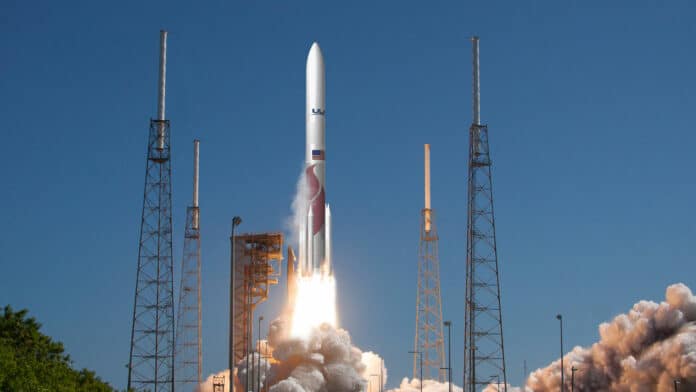 Artist's rendering of Vulcan Centaur rocket lifting off.