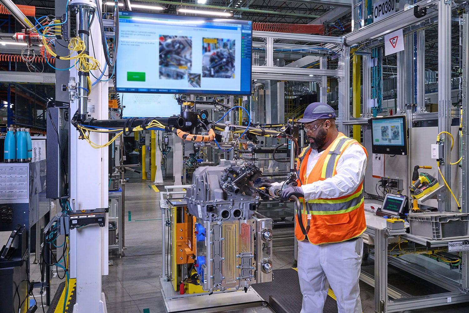 An employee assembles a fuel cell system in the module final assembly at Fuel Cell System Manufacturing.