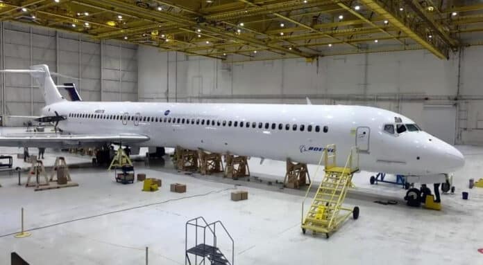 Boeing begins transforming MD-90 into NASA’s new experimental aircraft.