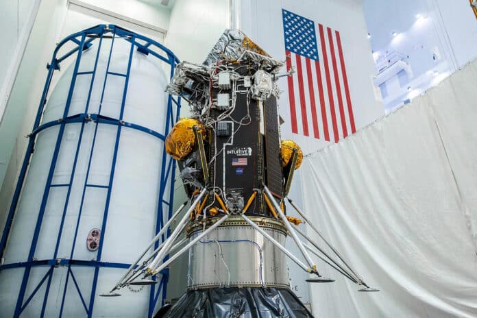 The Intuitive Machines Nova-C lander for the company’s first Commercial Lunar Payload Services delivery is positioned before being encapsulated inside its launch fairing.