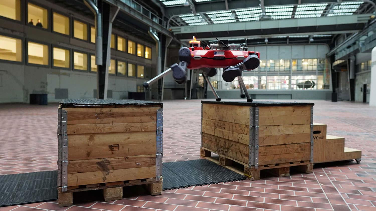 The quadrupedal robot ANYmal practises parkour in a hall at ETH Zurich.