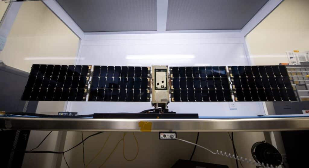 The BurstCube satellite sits in its flight configuration in this photo taken in the Goddard CubeSat Lab in 2023.