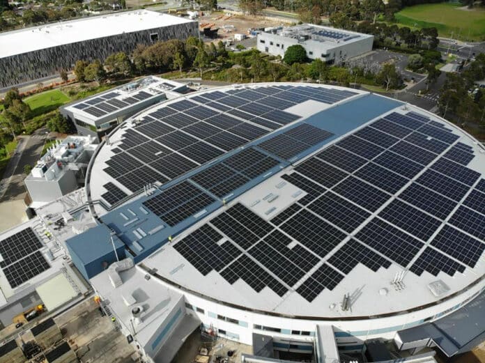 ANSTO's Australian Synchrotron with solar panels on the roof.