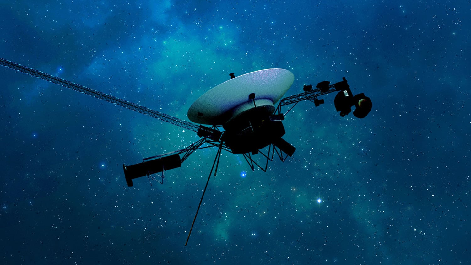 NASA’s Voyager 1 spacecraft is depicted in this artist’s concept traveling through interstellar space, or the space between stars, which it entered in 2012.