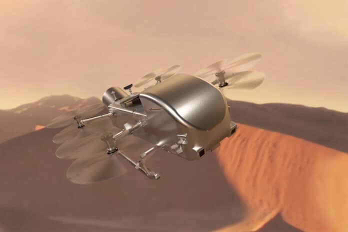 Artist’s concept of Dragonfly soaring over the dunes of Saturn’s moon Titan.