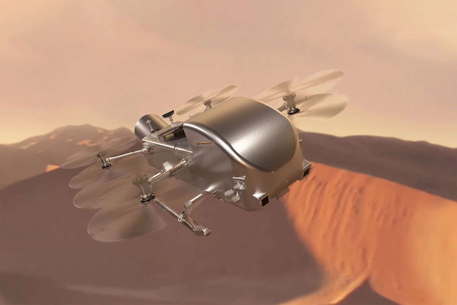 Artist’s concept of Dragonfly soaring over the dunes of Saturn’s moon Titan.