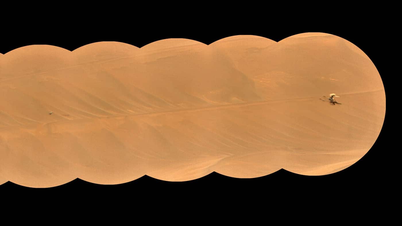NASA’s Ingenuity Mars Helicopter, right, stands near the apex of a sand ripple in an image taken by Perseverance on Feb. 24, about five weeks after the rotorcraft’s final flight. Part of one of Ingenuity’s rotor blades lies on the surface about 49 feet (15 meters) west of helicopter (left of center in the image).