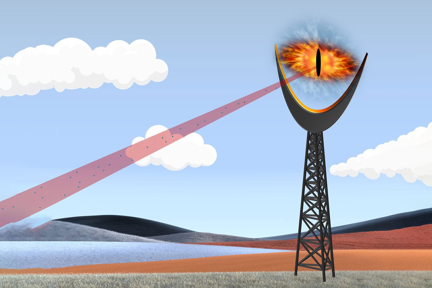 Graphic depicting a new laser-based technology, which can detect potentially harmfful aerosols, as the flaming Eye of Sauron.