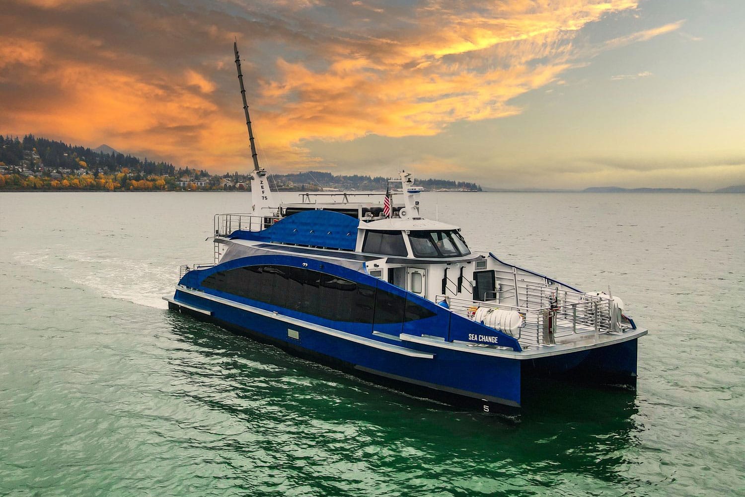 The Sea Change hydrogen fuel cell passenger ship.