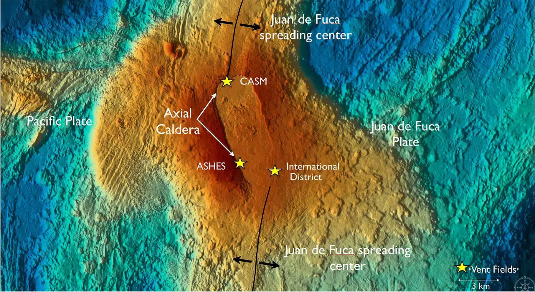 Axial-Seamount-features Axial Seamount features a large caldera on the seafloor, formed by the collapse of its magma chamber. Credit: Deborah Kelley